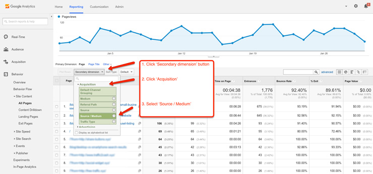 Pages separated by Source / Medium in Analytics