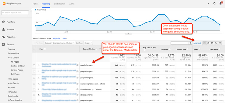 Pages separated by Source / Medium in Google Analytics